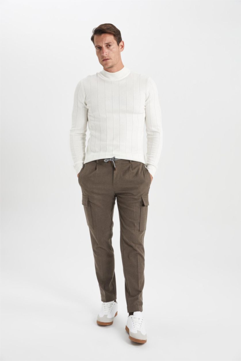 Man Light Brown jogger Regular Hem With Cargo Pocket Wool Look Trousers