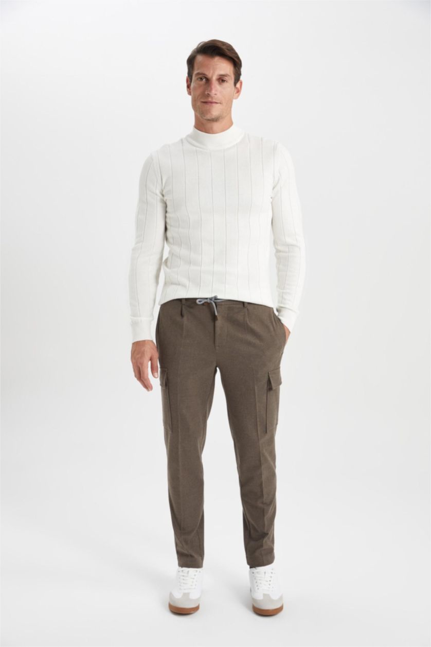 Man Light Brown jogger Regular Hem With Cargo Pocket Wool Look Trousers