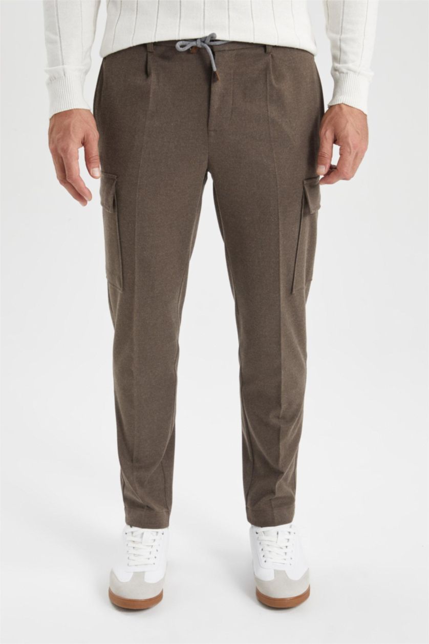 Man Light Brown jogger Regular Hem With Cargo Pocket Wool Look Trousers