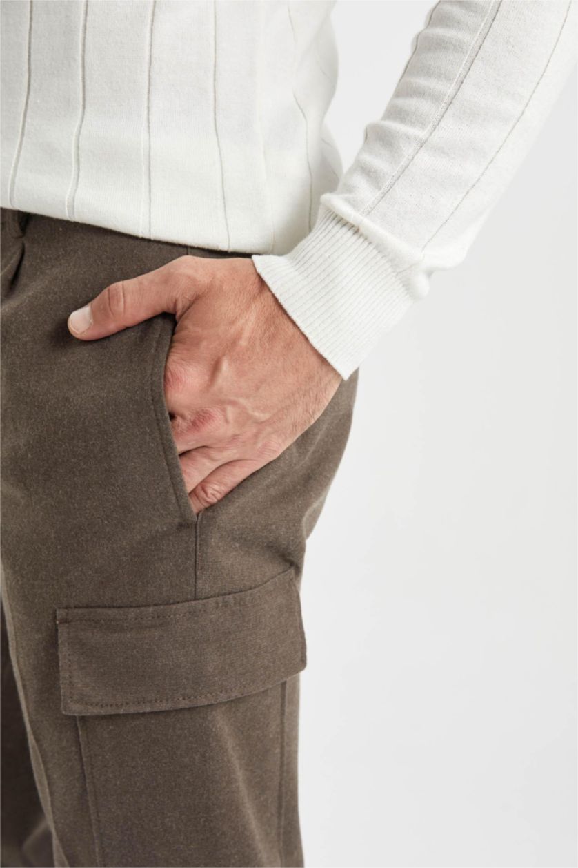 Man Light Brown jogger Regular Hem With Cargo Pocket Wool Look Trousers