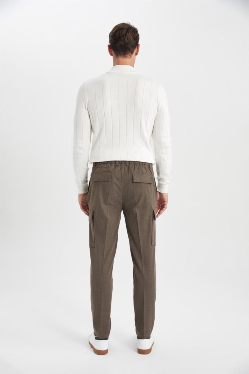 Man Light Brown jogger Regular Hem With Cargo Pocket Wool Look Trousers