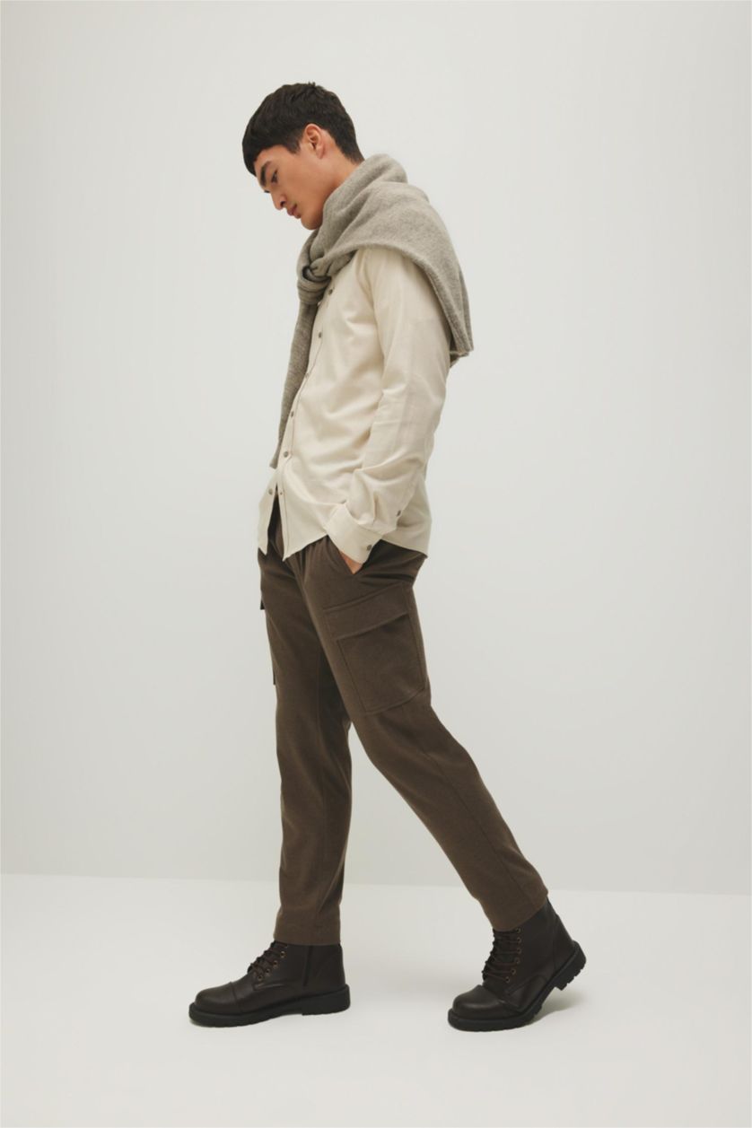 Man Light Brown jogger Regular Hem With Cargo Pocket Wool Look Trousers