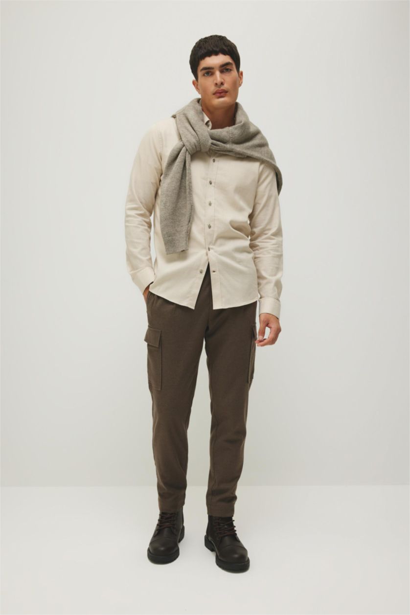 Man Light Brown jogger Regular Hem With Cargo Pocket Wool Look Trousers