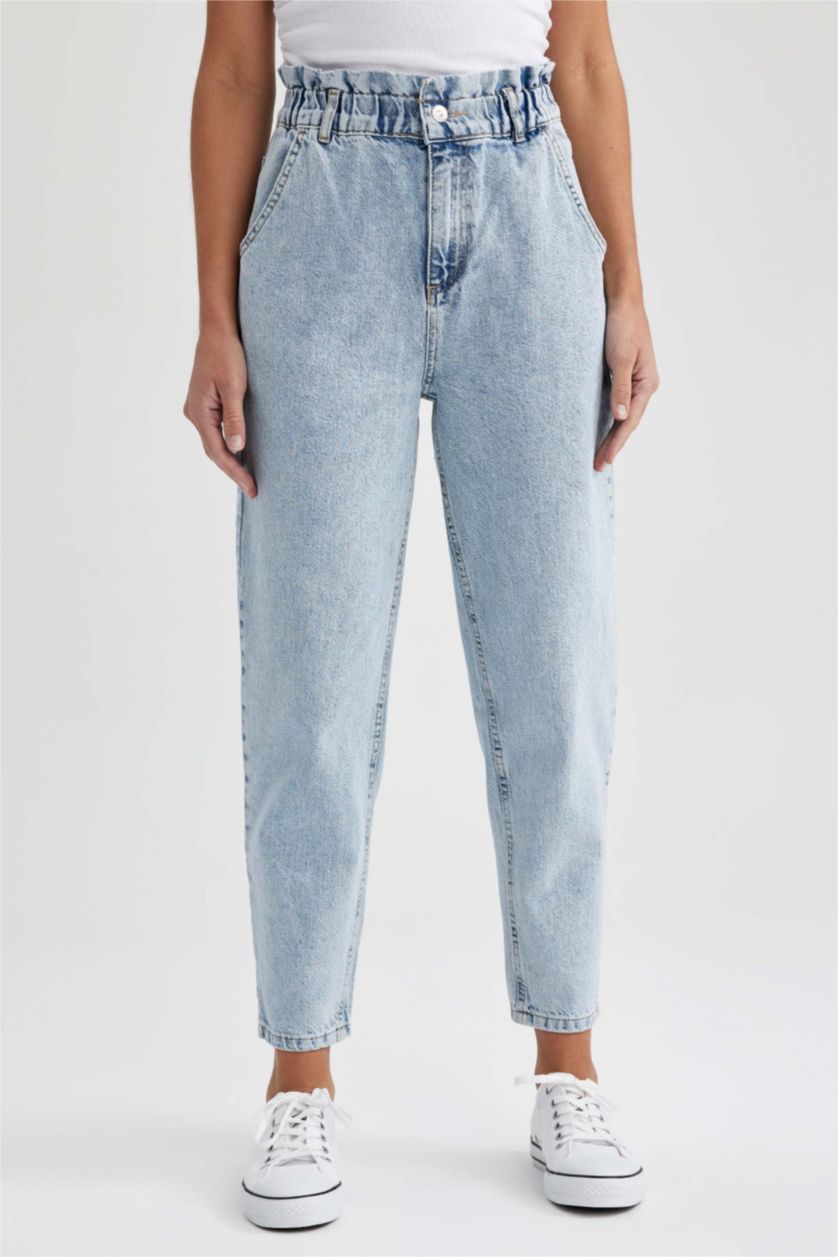 WOMAN Light Blue Paperbag Jean Ankle Length  Cotton Jeans