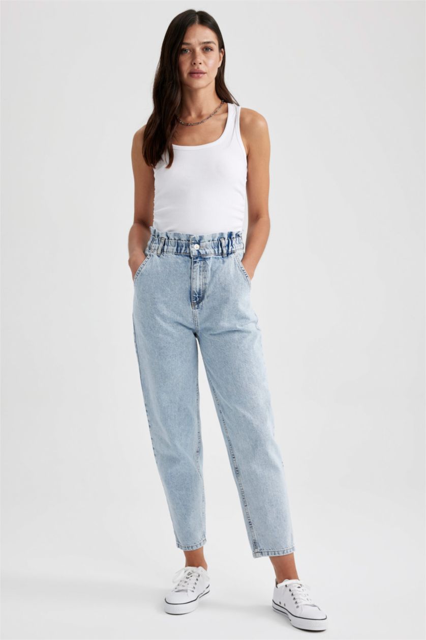WOMAN Light Blue Paperbag Jean Ankle Length  Cotton Jeans