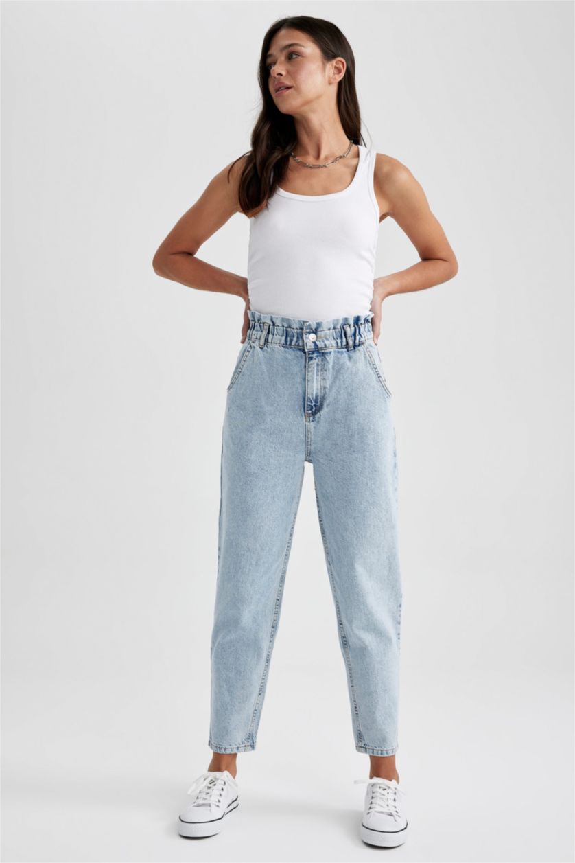 WOMAN Light Blue Paperbag Jean Ankle Length  Cotton Jeans