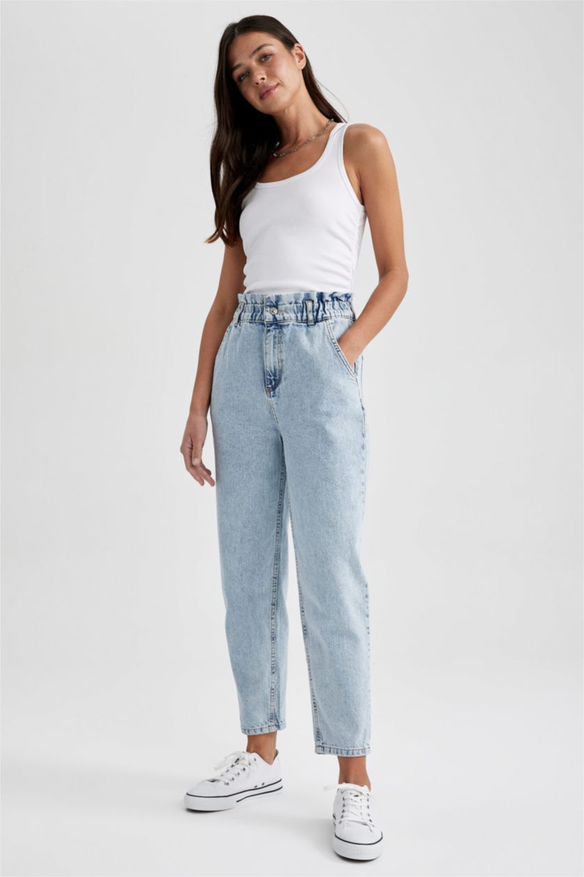 WOMAN Light Blue Paperbag Jean Ankle Length  Cotton Jeans