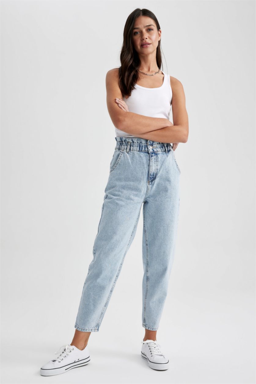 WOMAN Light Blue Paperbag Jean Ankle Length  Cotton Jeans