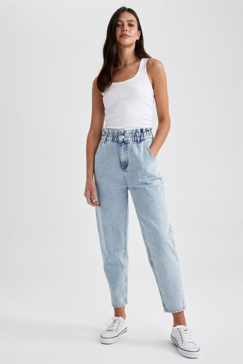 WOMAN Light Blue Paperbag Jean Ankle Length  Cotton Jeans