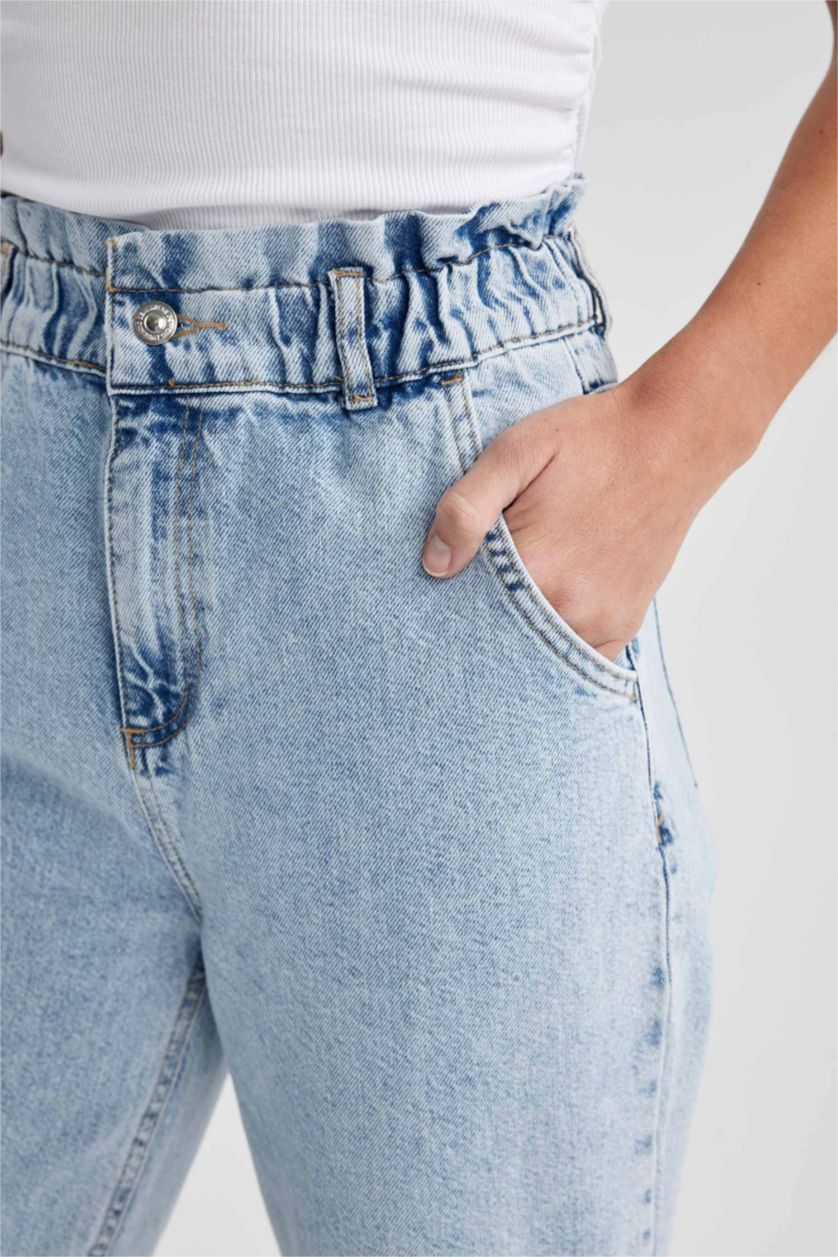 WOMAN Light Blue Paperbag Jean Ankle Length  Cotton Jeans