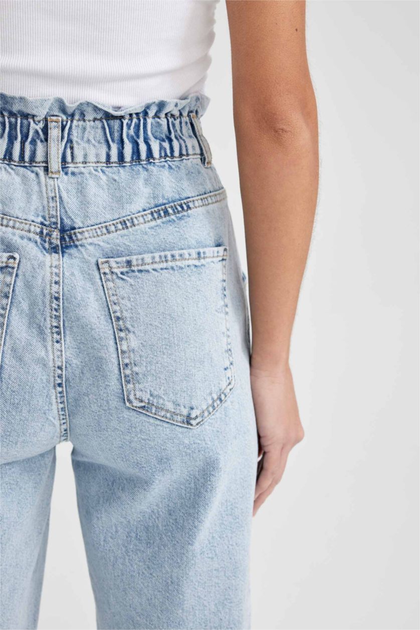 WOMAN Light Blue Paperbag Jean Ankle Length  Cotton Jeans