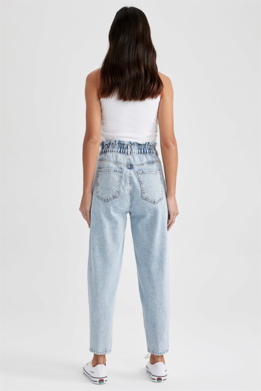 WOMAN Light Blue Paperbag Jean Ankle Length  Cotton Jeans