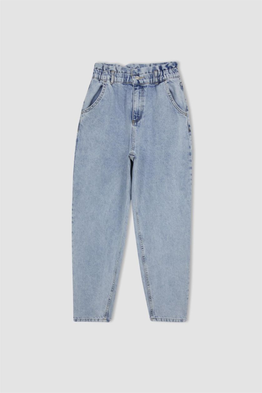 WOMAN Light Blue Paperbag Jean Ankle Length  Cotton Jeans