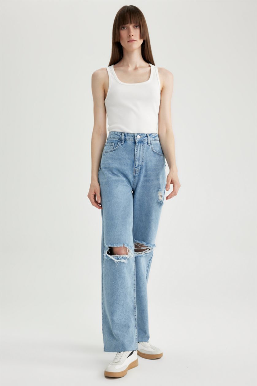 نساء أزرق فاتح بنطلون جينز 90’S برجل واسع ممزق