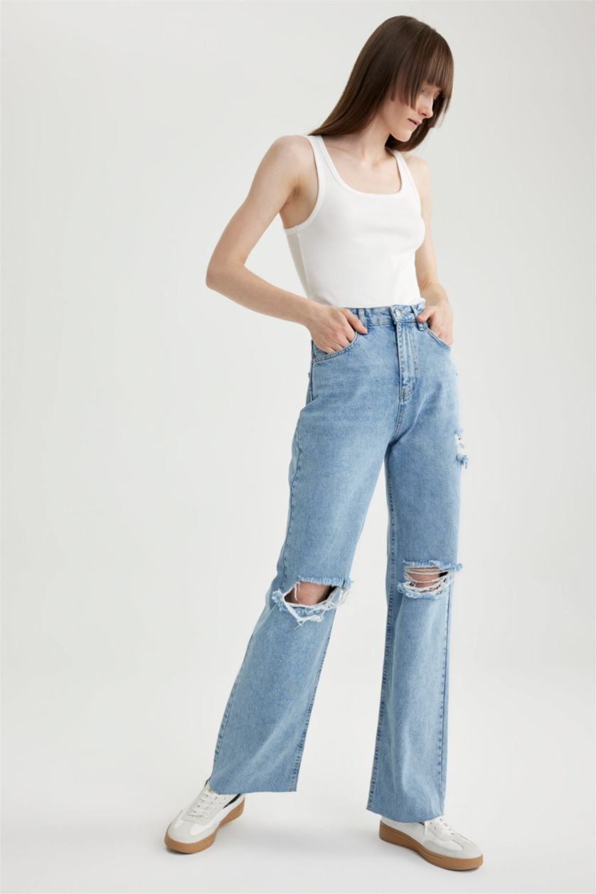 نساء أزرق فاتح بنطلون جينز 90’S برجل واسع ممزق