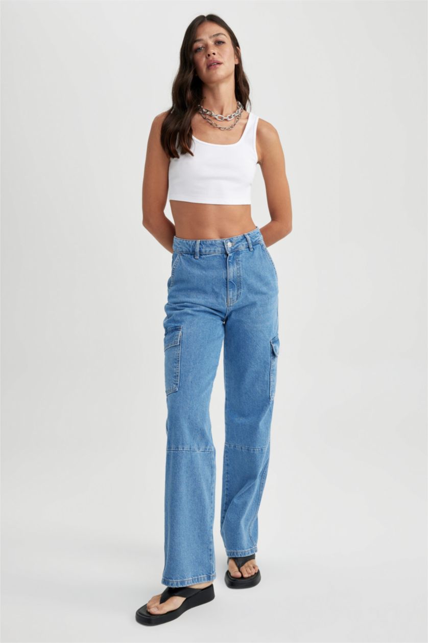 نساء أزرق بنطلون جينز وايد ليج بجيب كارجو