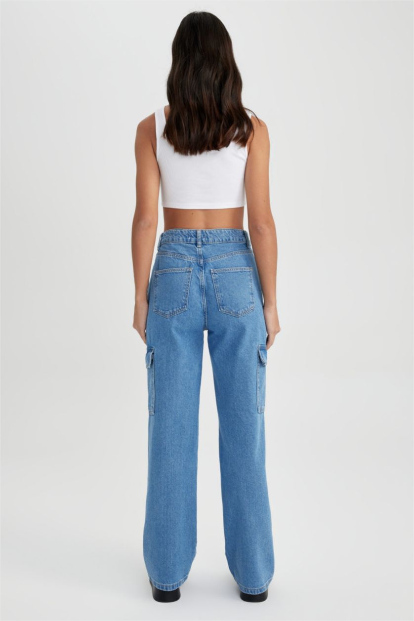 نساء أزرق بنطلون جينز وايد ليج بجيب كارجو