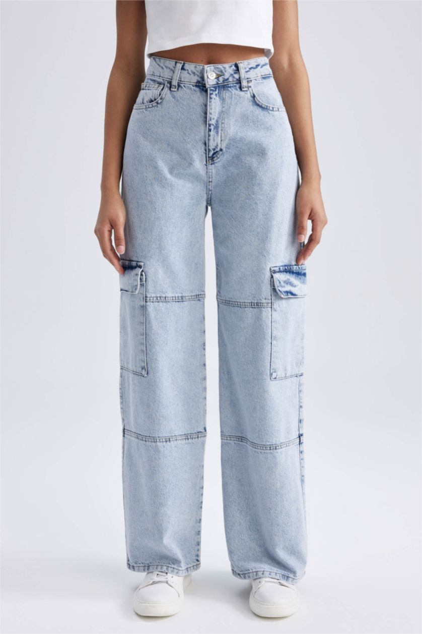 WOMAN Light Blue Straight Fit Cargo Jeans