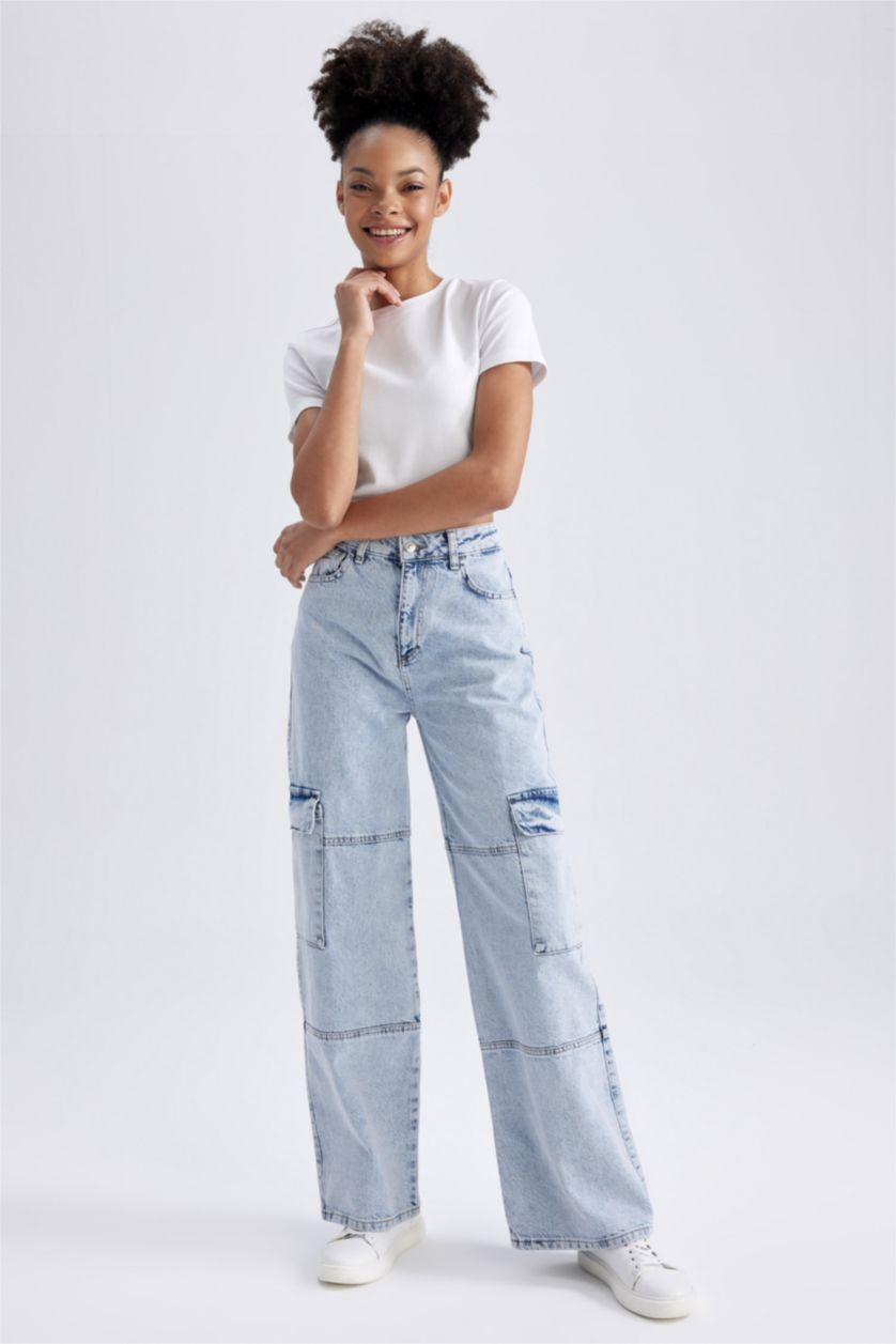 WOMAN Light Blue Straight Fit Cargo Jeans