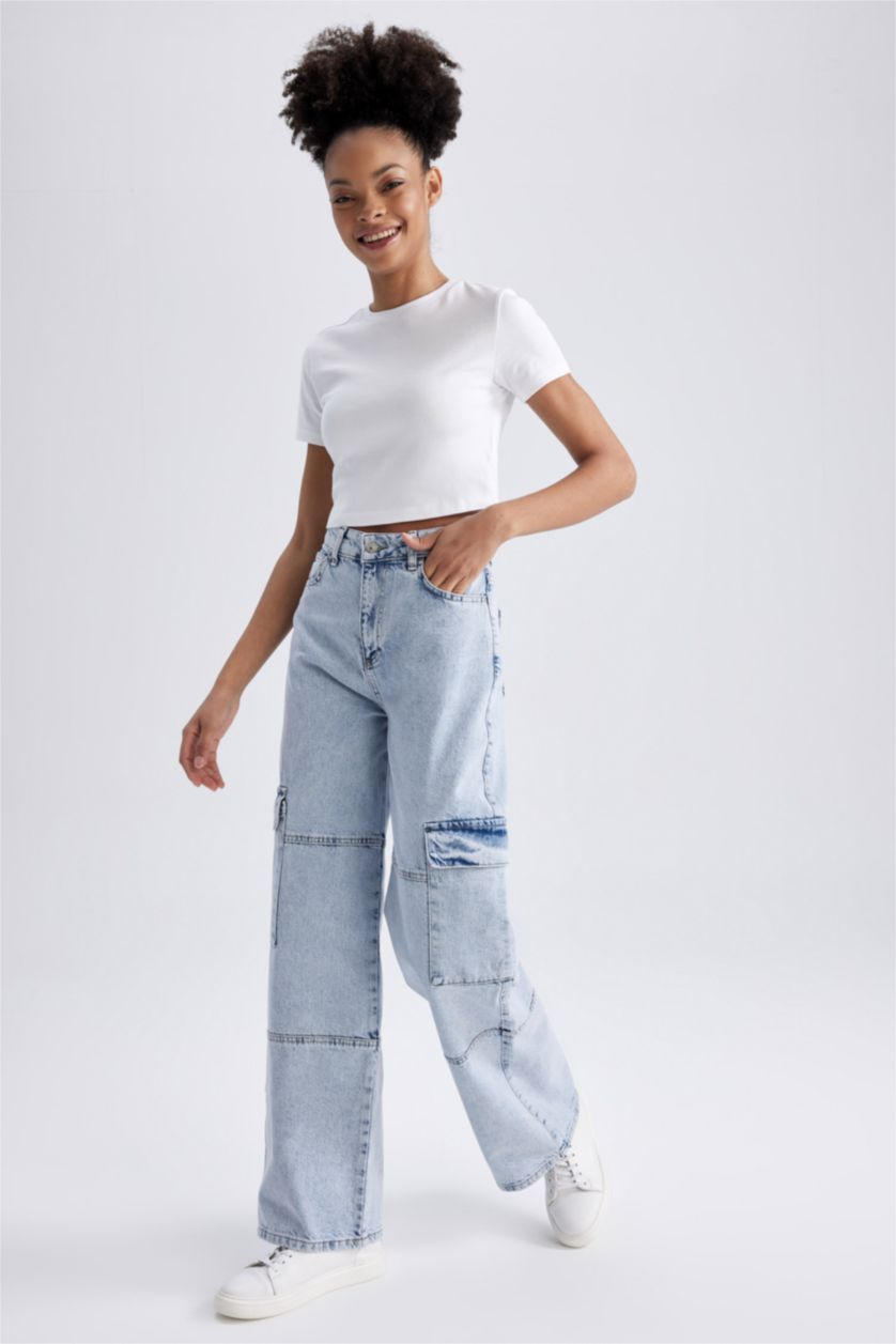 WOMAN Light Blue Straight Fit Cargo Jeans