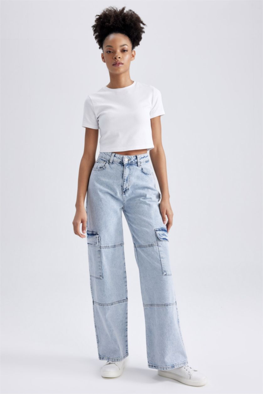 WOMAN Light Blue Straight Fit Cargo Jeans