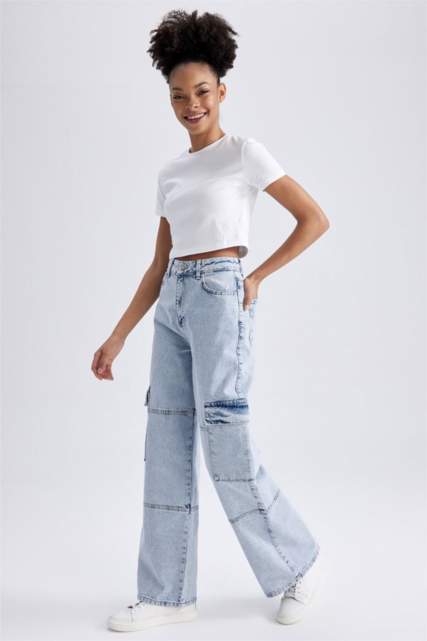 WOMAN Light Blue Straight Fit Cargo Jeans