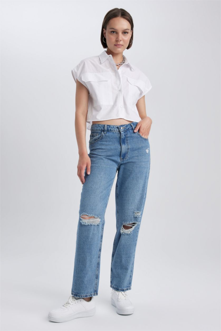 نساء أزرق فاتح بنطلون جينز بوي فريند ممزق