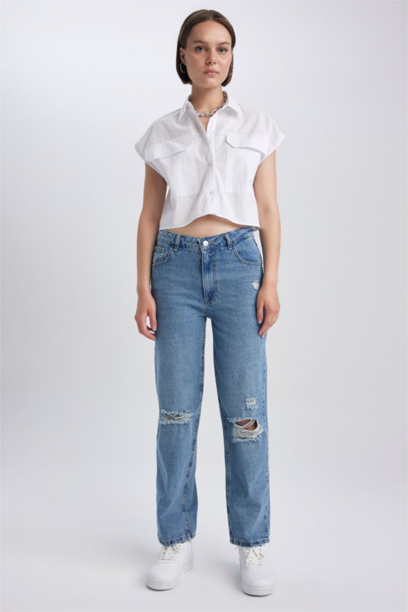 نساء أزرق فاتح بنطلون جينز بوي فريند ممزق