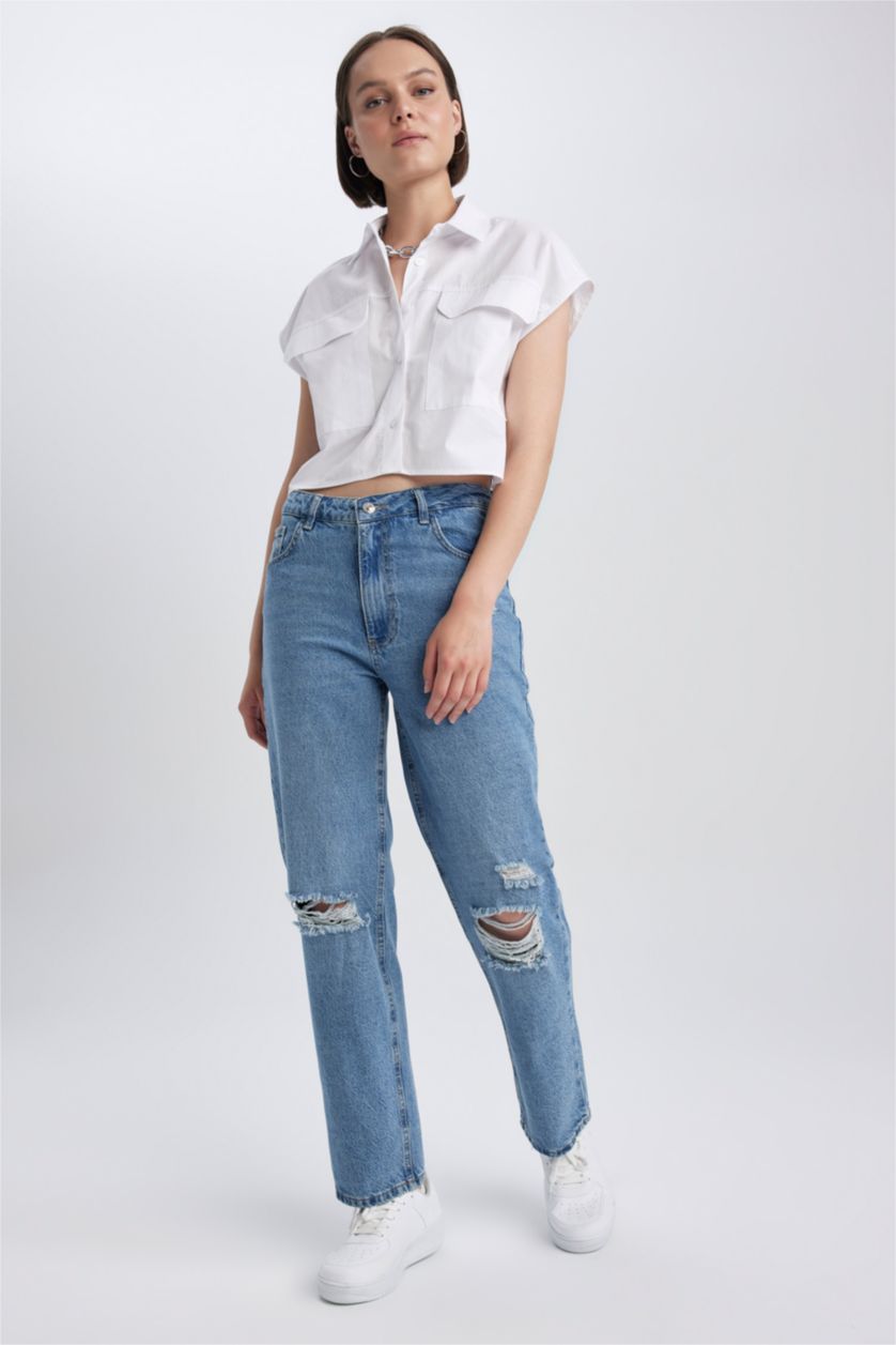 نساء أزرق فاتح بنطلون جينز بوي فريند ممزق