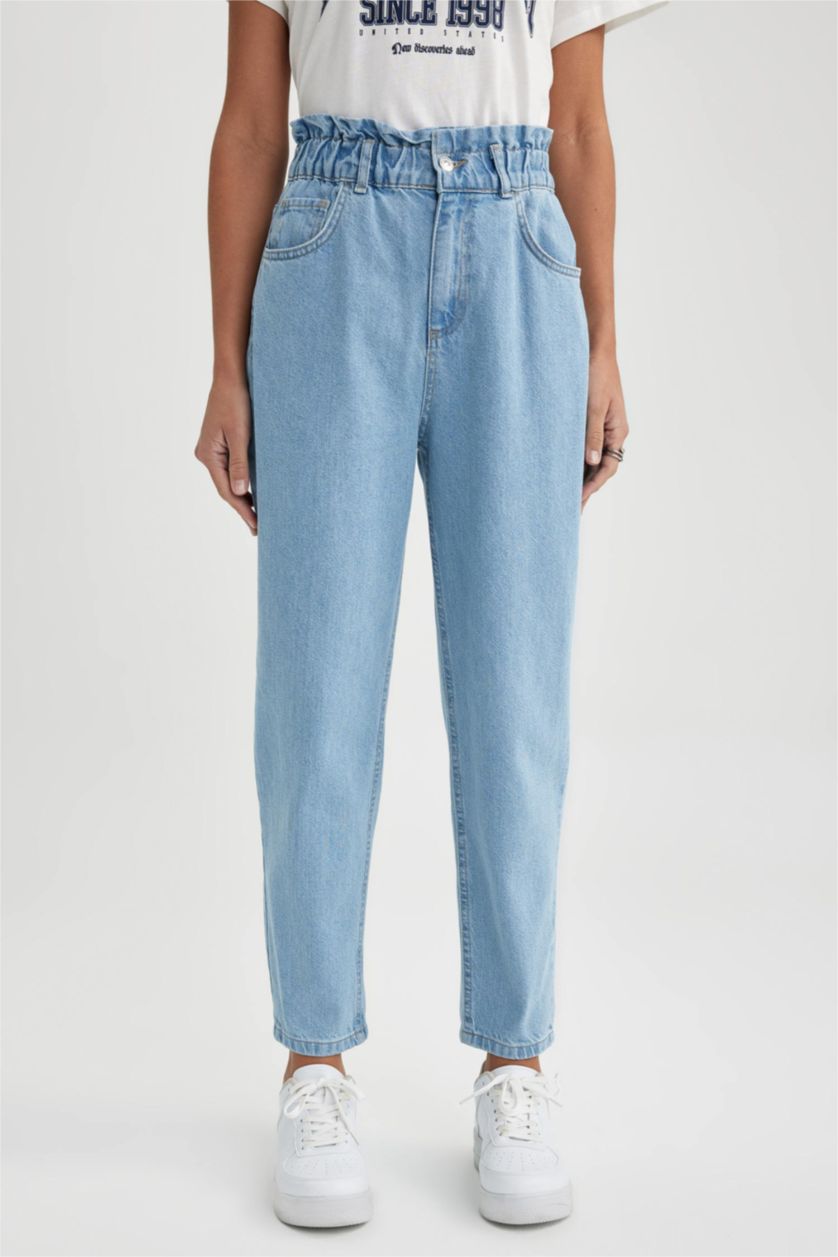 WOMAN Blue Paperbag Jean Ankle Length  Cotton Trousers
