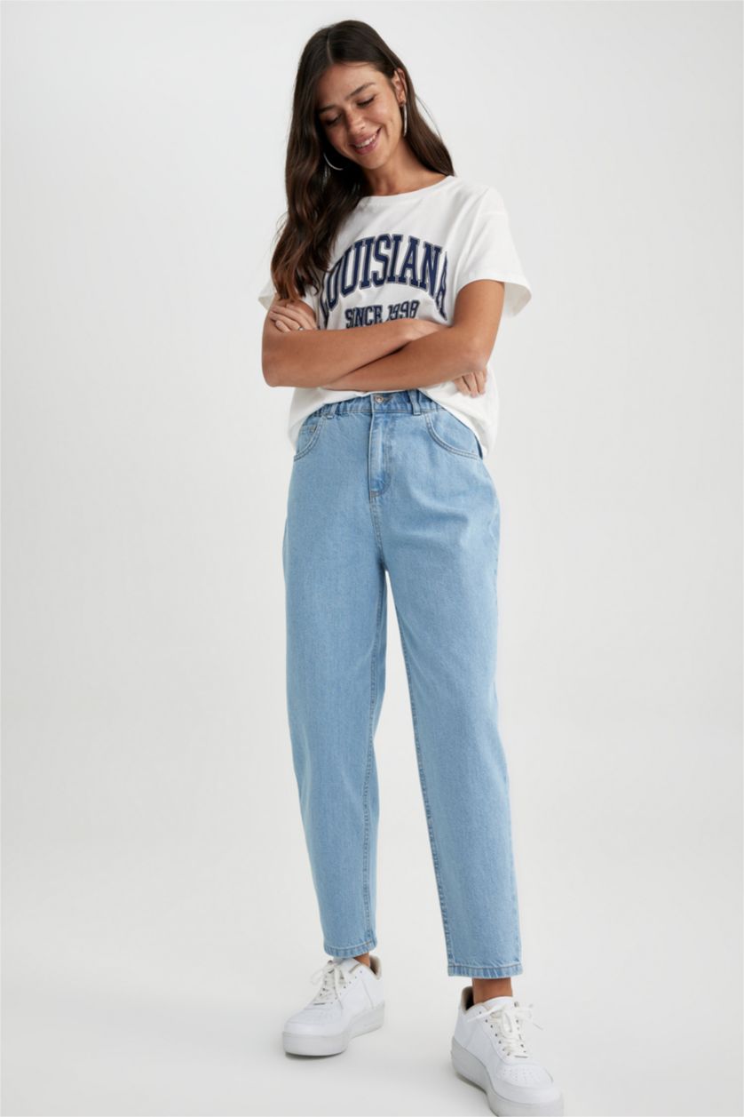 WOMAN Blue Paperbag Jean Ankle Length  Cotton Trousers