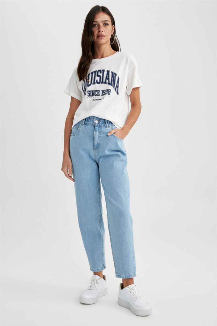 WOMAN Blue Paperbag Jean Ankle Length  Cotton Trousers