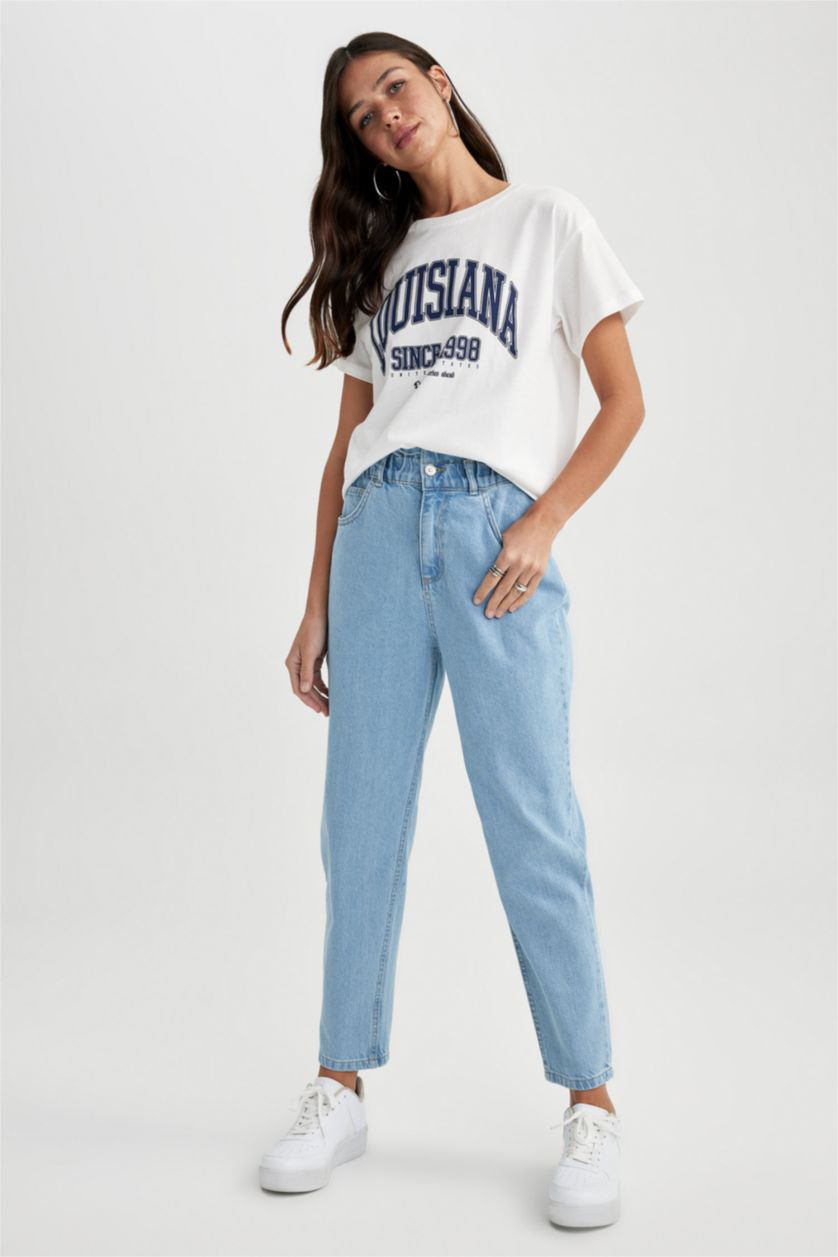 WOMAN Blue Paperbag Jean Ankle Length  Cotton Trousers