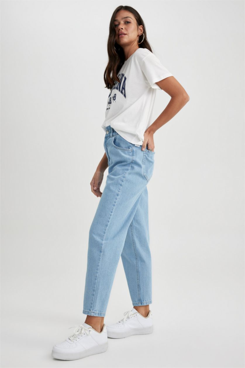 WOMAN Blue Paperbag Jean Ankle Length  Cotton Trousers