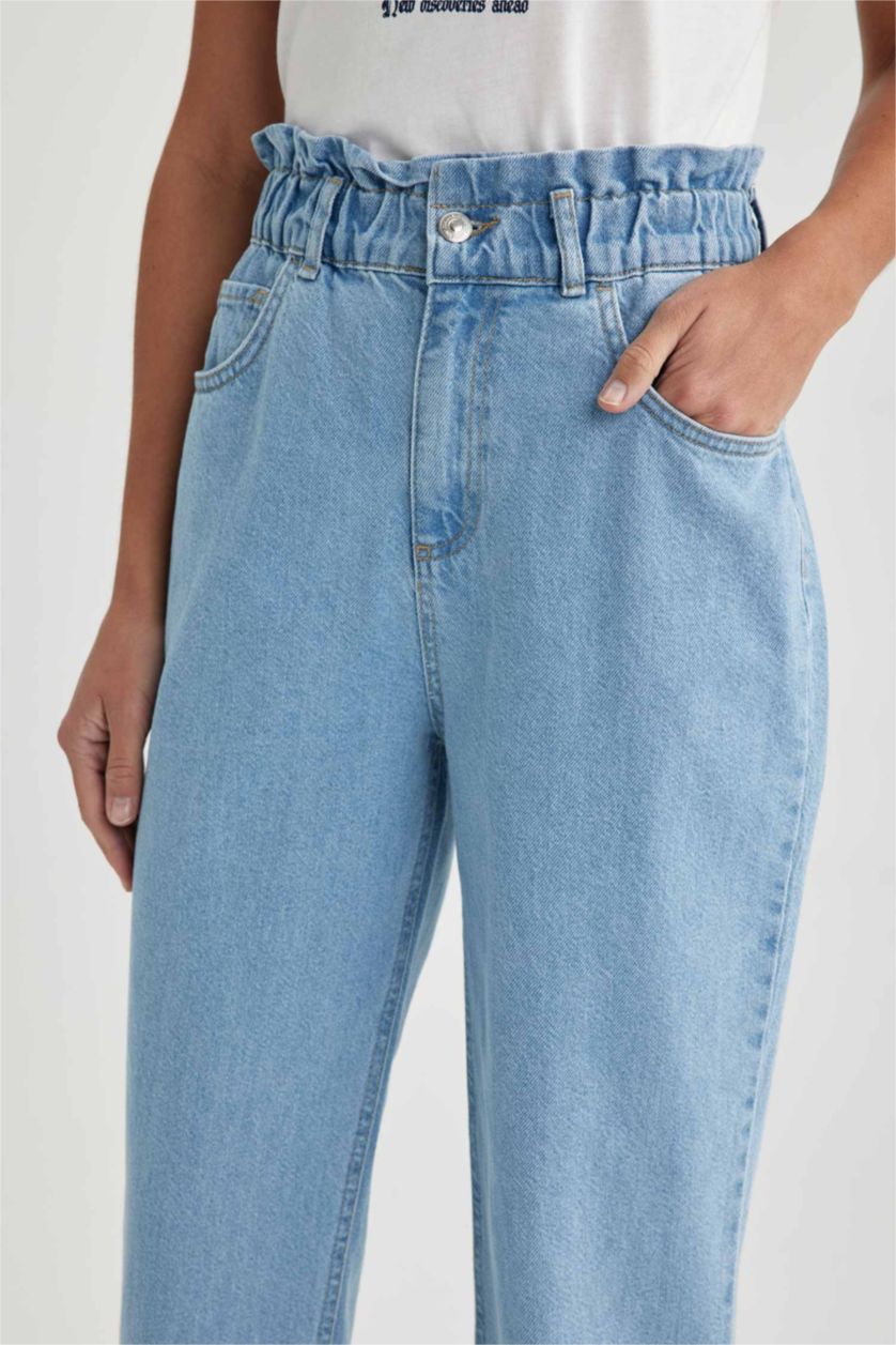 WOMAN Blue Paperbag Jean Ankle Length  Cotton Trousers