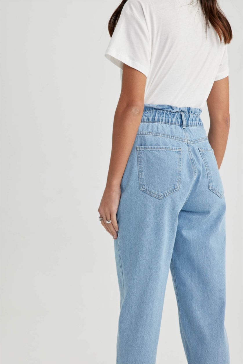 WOMAN Blue Paperbag Jean Ankle Length  Cotton Trousers