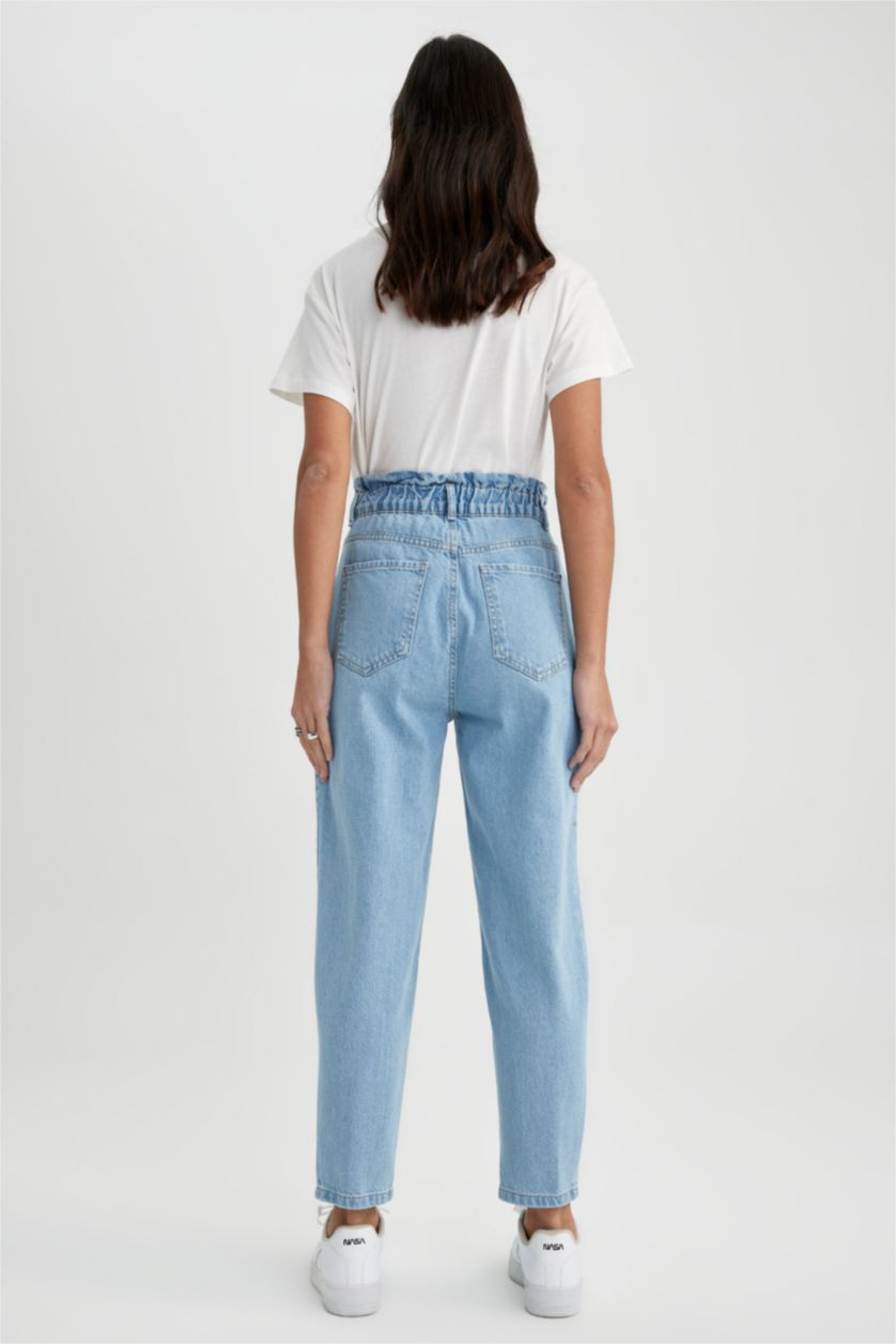 WOMAN Blue Paperbag Jean Ankle Length  Cotton Trousers
