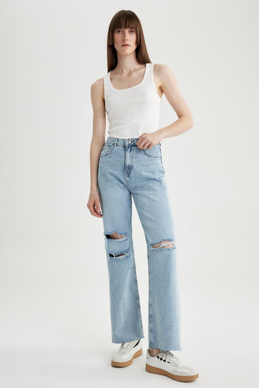 Kadın Açık Mavi 90's Wide Leg Yüksek Bel Geniş Paça Yırtık Detaylı Uzun Jean Pantolon