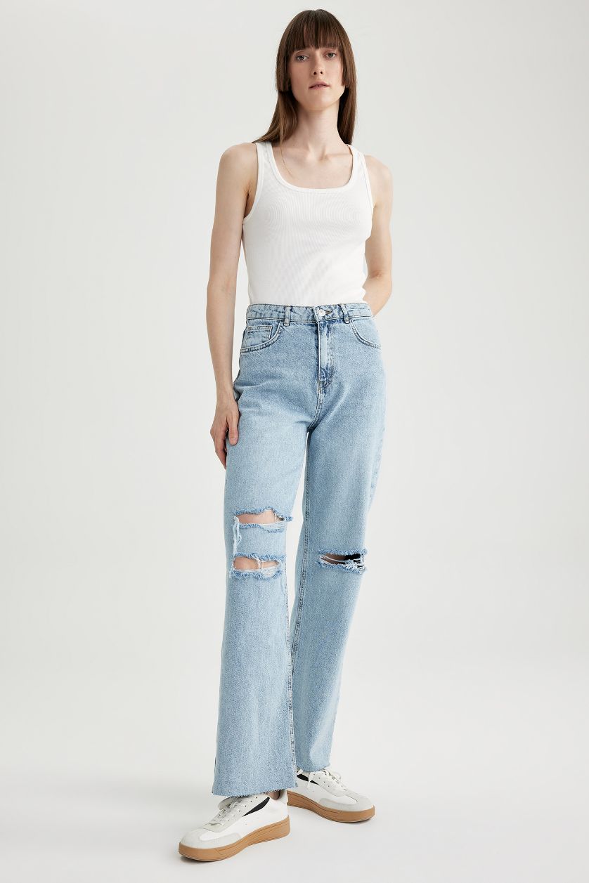 Kadın Açık Mavi 90's Wide Leg Yüksek Bel Geniş Paça Yırtık Detaylı Uzun Jean Pantolon
