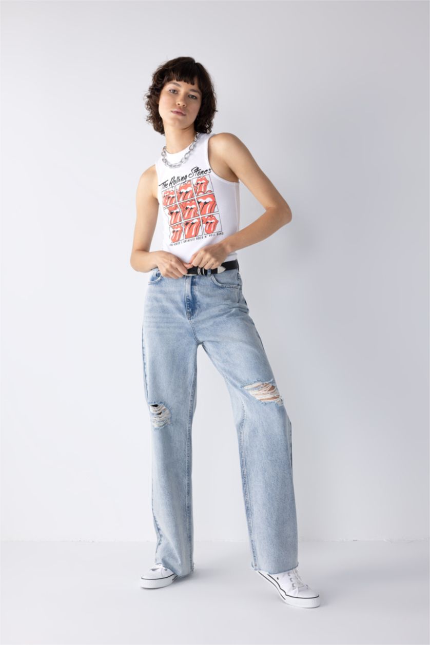 Kadın Açık Mavi 90's Wide Leg Yüksek Bel Geniş Paça Yırtık Detaylı Uzun Jean Pantolon