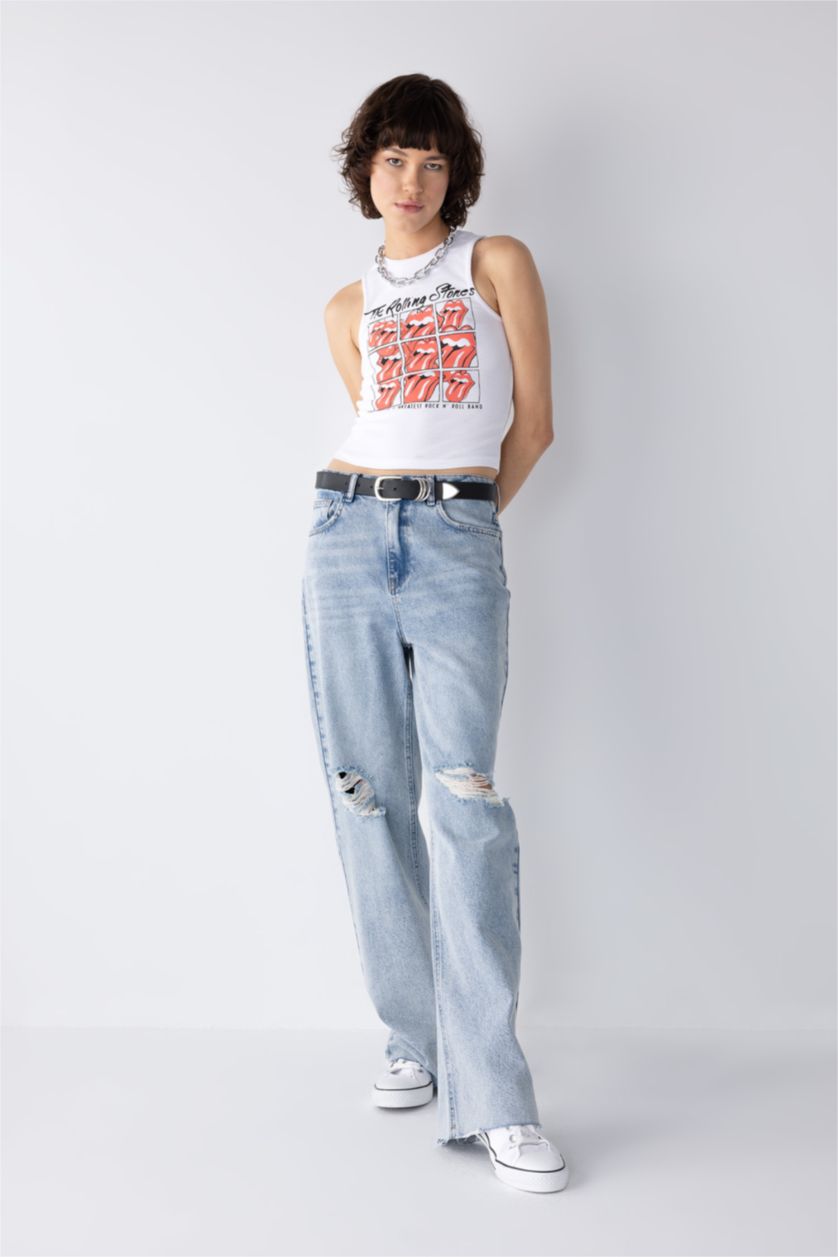 Kadın Açık Mavi 90's Wide Leg Yüksek Bel Geniş Paça Yırtık Detaylı Uzun Jean Pantolon