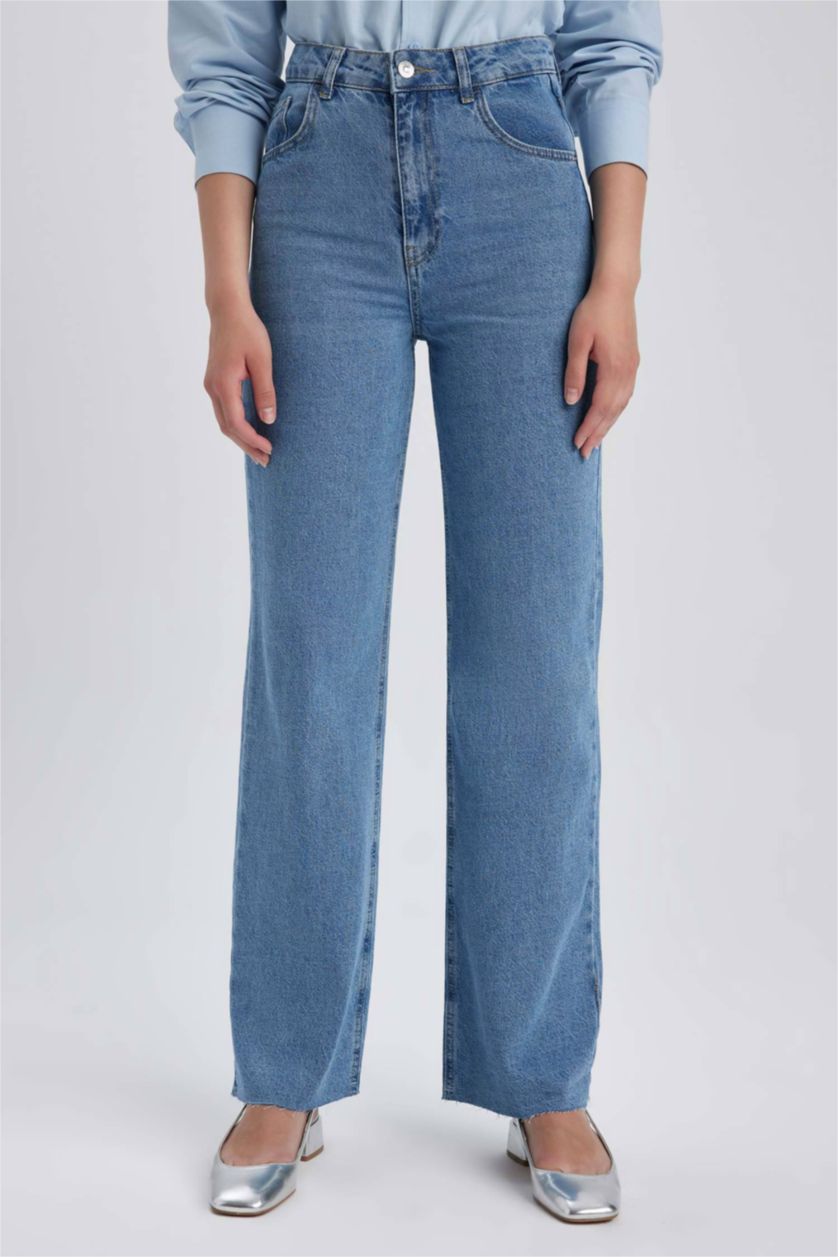 حريمي أزرق بنطلون جينز وايد ليج بساق ممزق