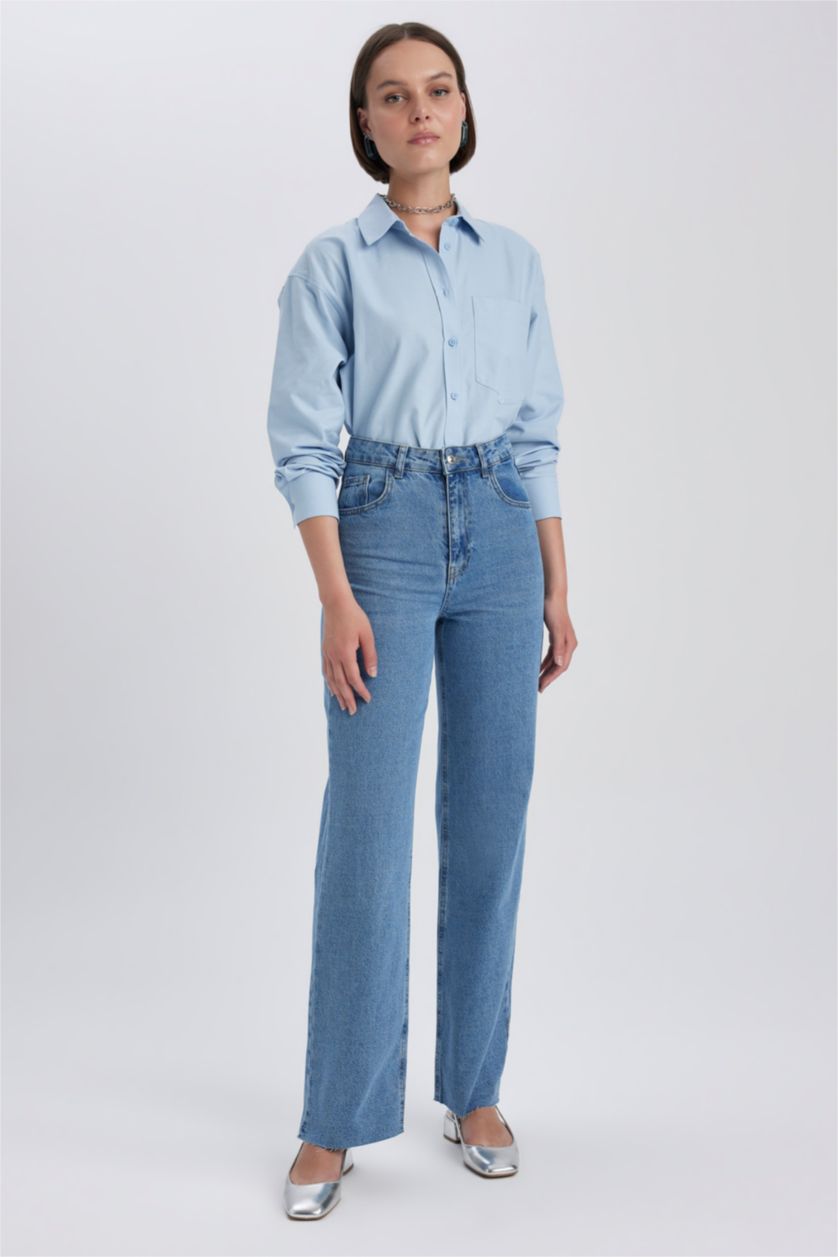 حريمي أزرق بنطلون جينز وايد ليج بساق ممزق