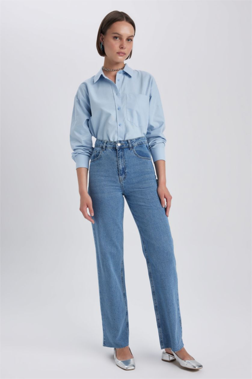 حريمي أزرق بنطلون جينز وايد ليج بساق ممزق