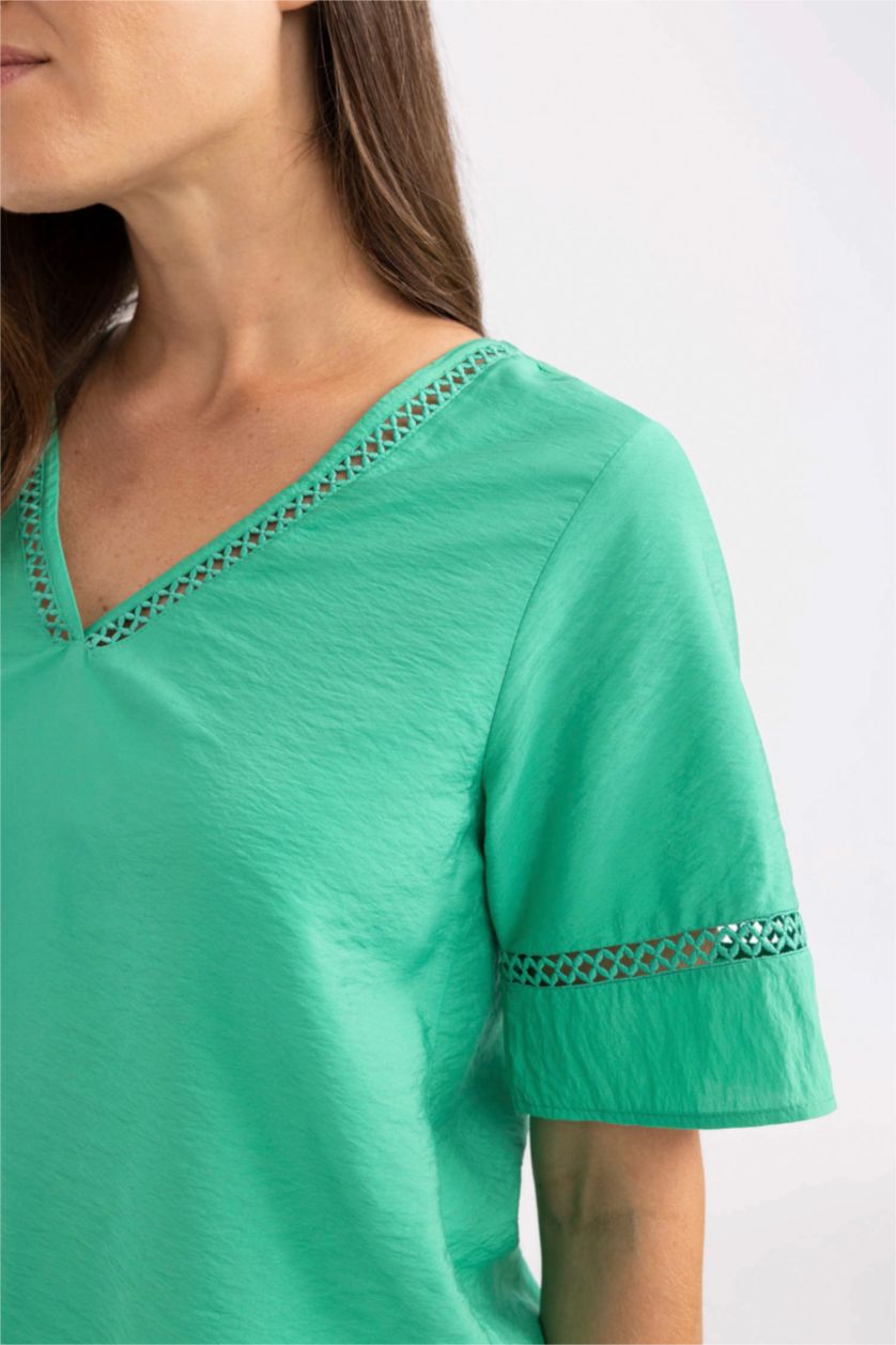 نساء أخضر بلوزة نص كم قصة عادية برقبة V