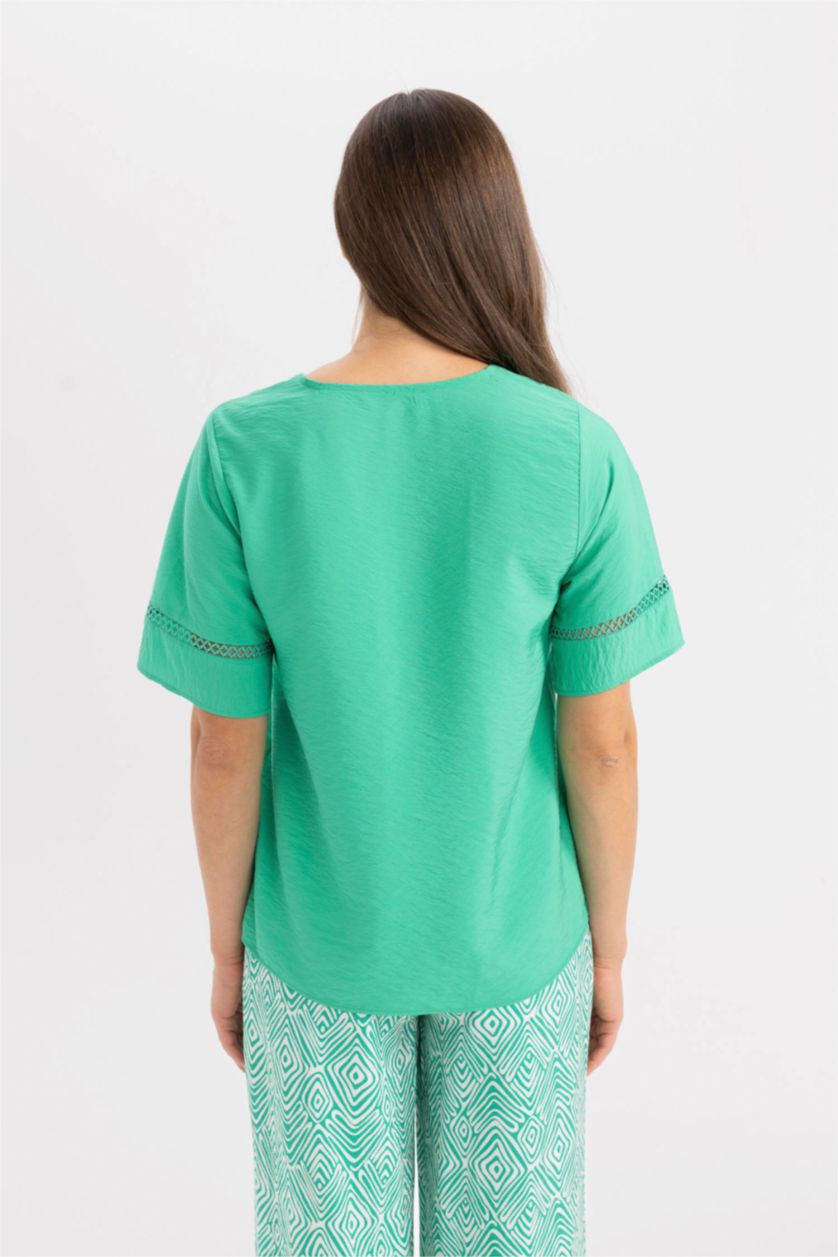 نساء أخضر بلوزة نص كم قصة عادية برقبة V