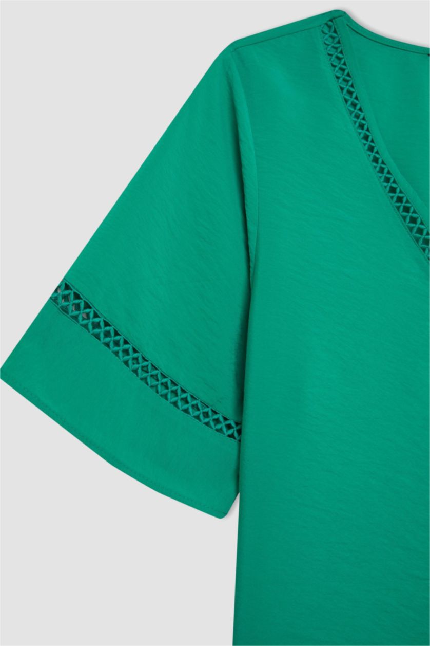 نساء أخضر بلوزة نص كم قصة عادية برقبة V