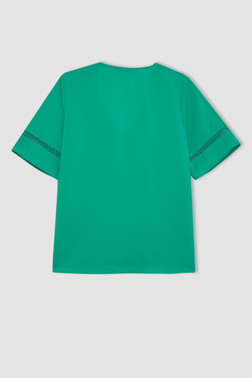 نساء أخضر بلوزة نص كم قصة عادية برقبة V