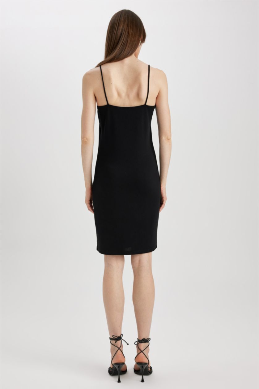 FEMME Noir Robe En Maille À Manches Courtes Col Carré