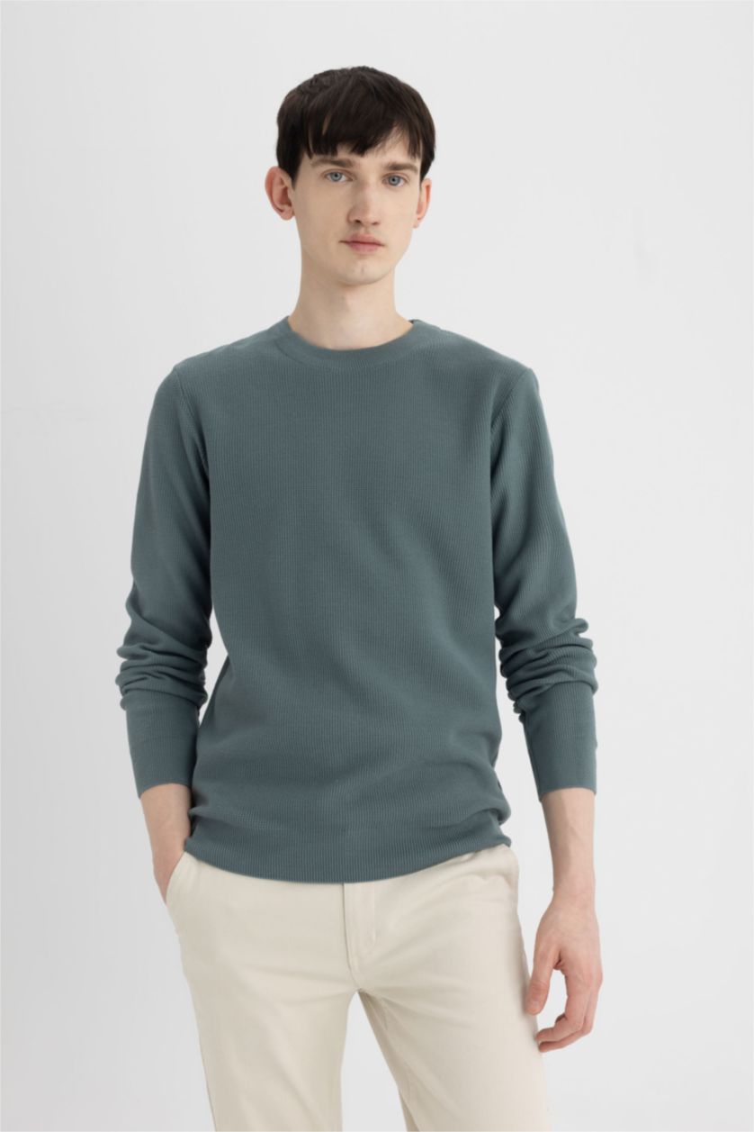 Erkek Mavi Standart Fit Normal Kesim Pamuklu Bisiklet Yaka Triko Kazak